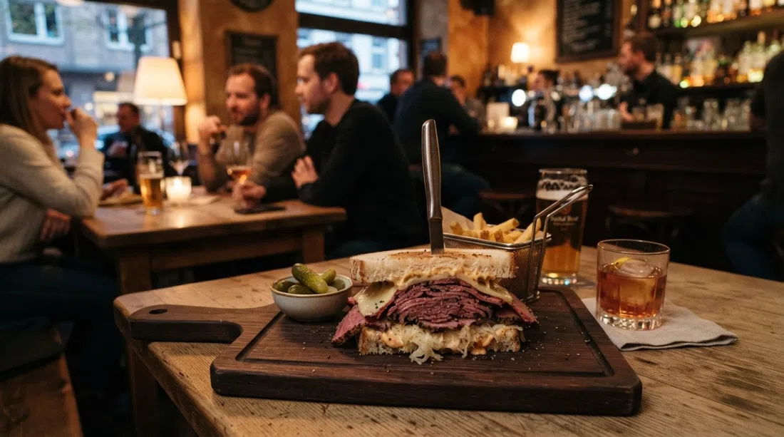 a Maxie Eisen pastrami sandwich on a wooden board, thick sliced brisket on white bread beside a low-lit cocktail room interior