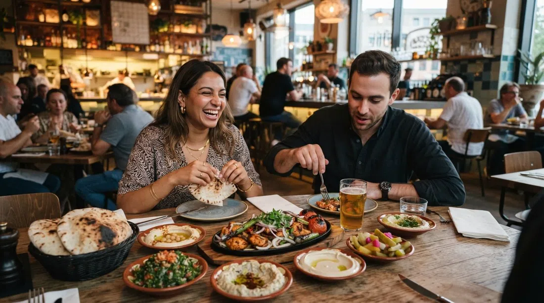 Bar Shuka’s sharing plates at the 25hours Hotel The Trip, freshly baked pita, Jerusalem kebab and herbs on a busy table