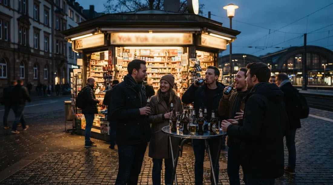 Yok Yok kiosk near Frankfurt Hauptbahnhof at dusk, beer bottles and people gathered outside under the streetlights