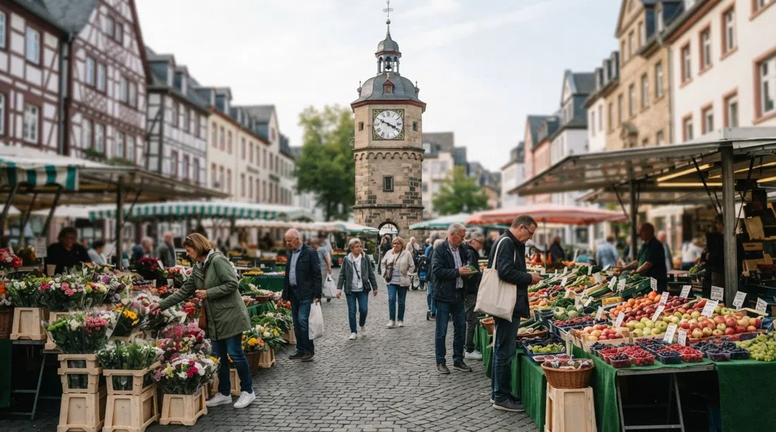 the Bornheimer Wochenmarkt around the Uhrtürmchen in Bornheim, fresh produce and flowers under soft morning light with people browsing
