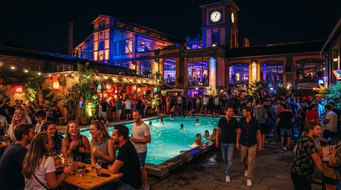 Fortuna Irgendwo in Frankfurt at night, the 1908 boiler house glowing in Riviera colours with the pool and tiki bar visible under club lighting