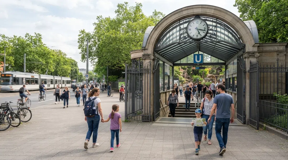 Frankfurt Zoo entrance on Bernhard-Grzimek-Allee, visitors arriving beside the Zoo U-Bahn stop on a bright daytime street