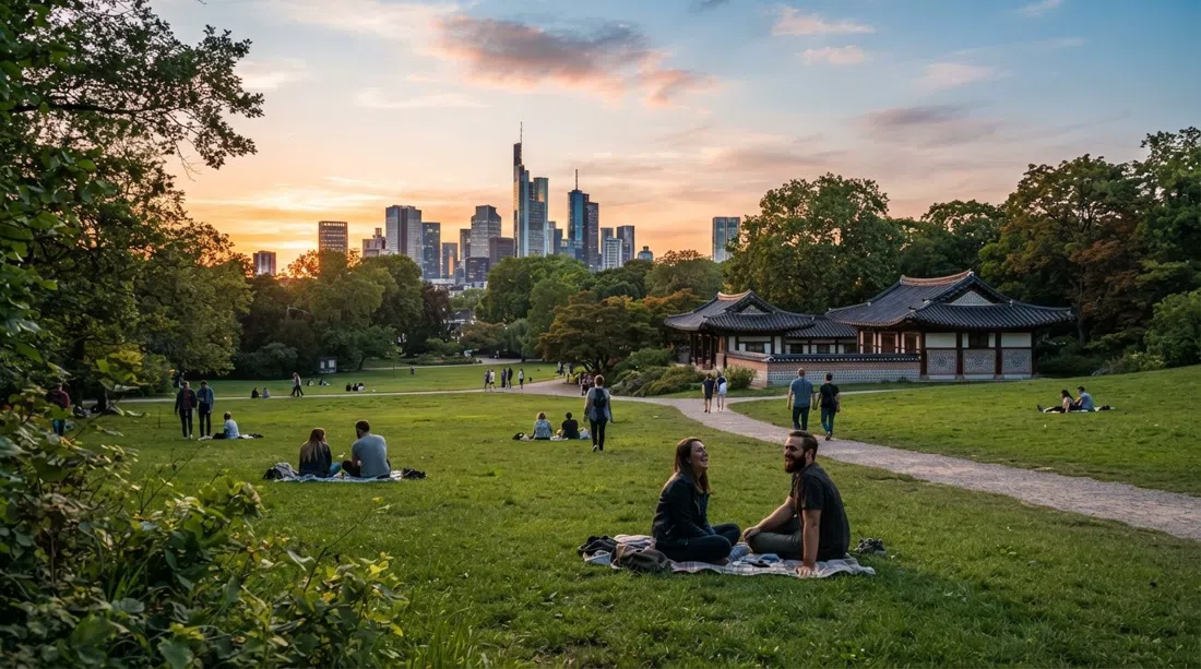 Grüneburgpark’s open lawn at sunset with Frankfurt’s skyline beyond, the Korean Garden pavilions tucked among trees