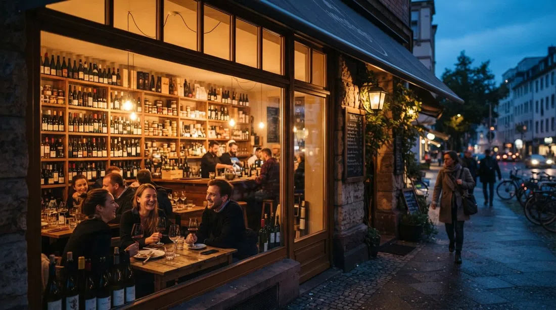 Westlage on Grüneburgweg at dusk, its wine-bar interior visible through the windows with deli shelves and bottles in warm light