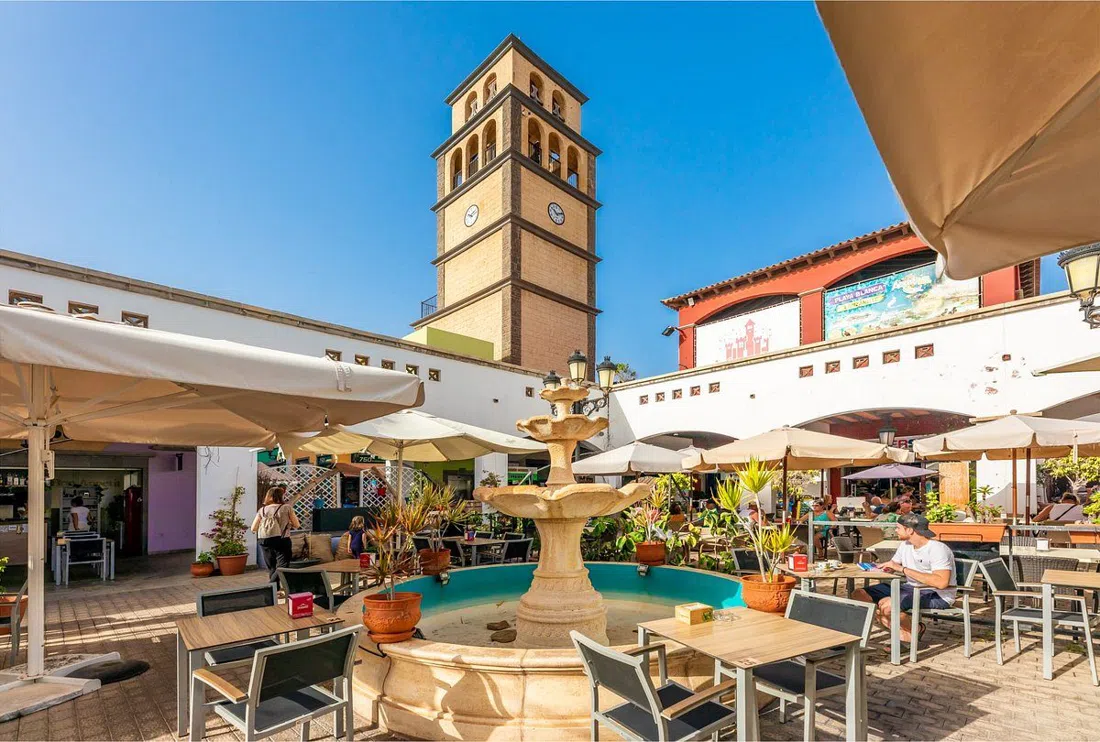 the bell tower at El Campanario Shopping Village on Avenida Gran Canaria, Corralejo