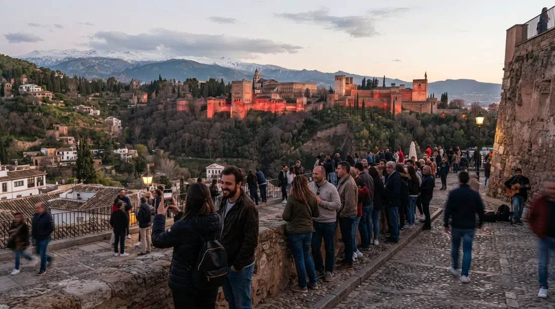 the Mirador de San Nicolás at sunset, the Alhambra glowing red across the Darro valley with the Sierra Nevada behind and a small crowd gathered along the wall