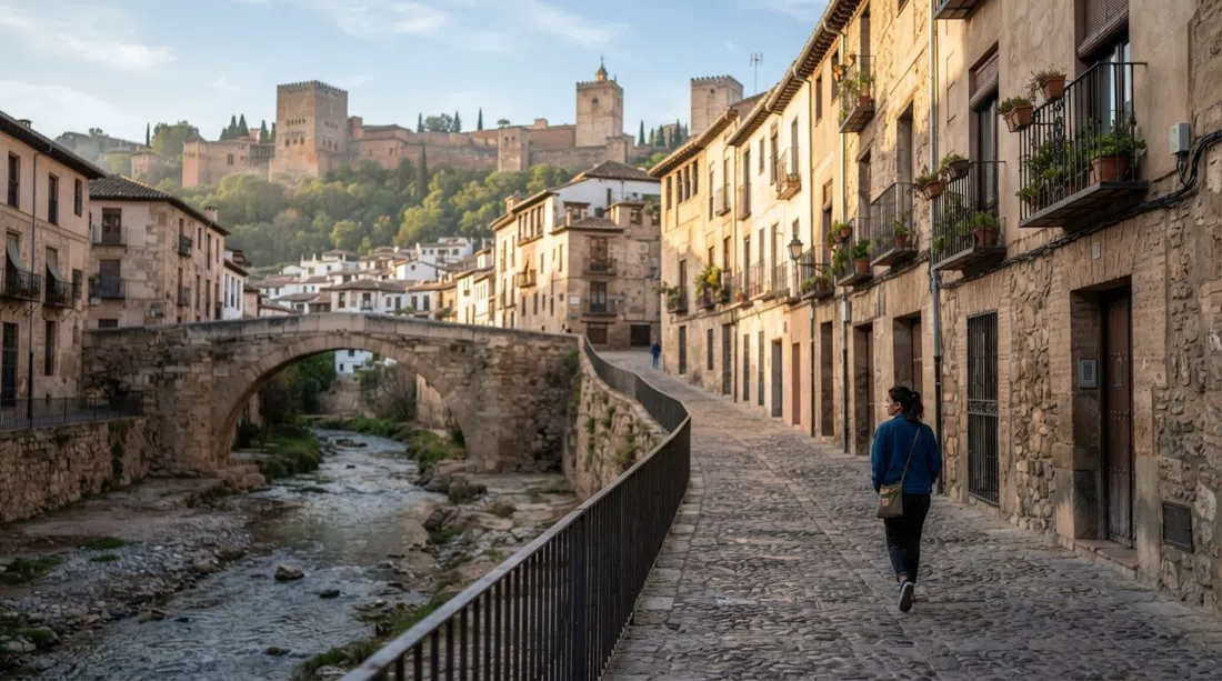 the Carrera del Darro in early morning light, the river beside medieval bridges and empty cobbled street curving under old stone facades