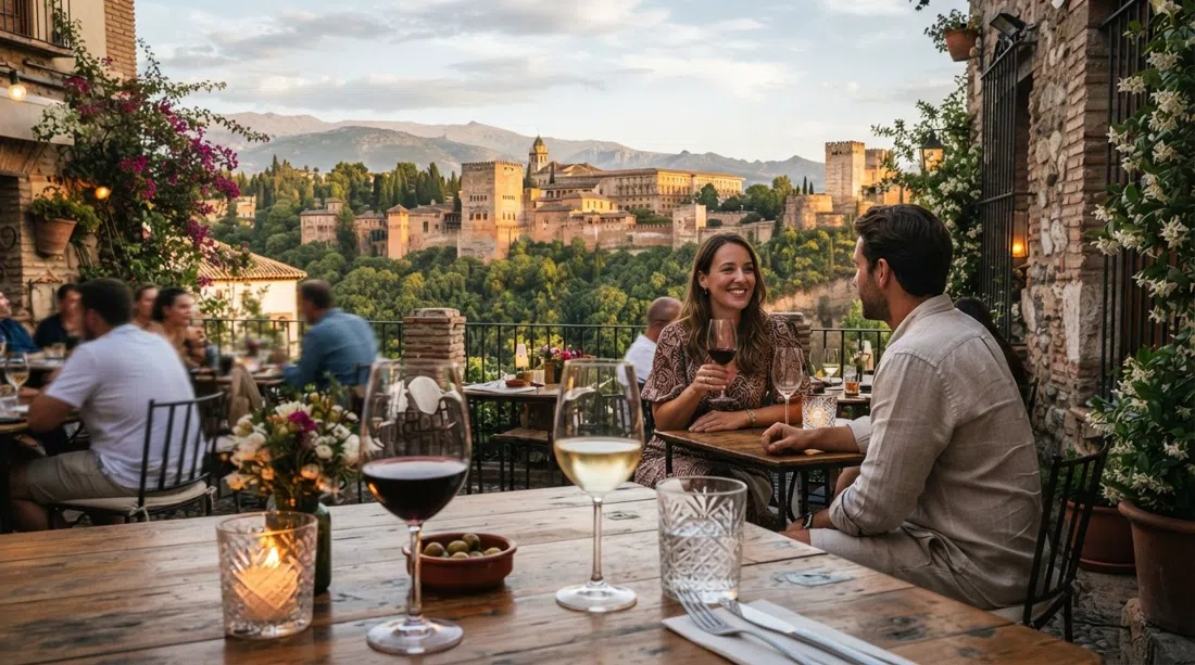 a terrace table at El Huerto de Juan Ranas below Mirador de San Nicolás, with the Alhambra framed beyond glassware and late-afternoon light