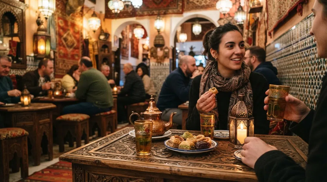 the lantern-lit interior of Kasbah on Calle Calderería Nueva, tea glasses, Arabic sweets and warm Moorish decor filling the frame