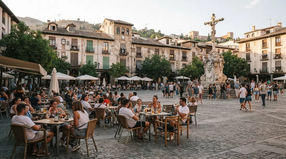 Campo del Príncipe in Realejo at late afternoon, terrace tables around the broad square and the Cristo de los Favores crucifix at the edge