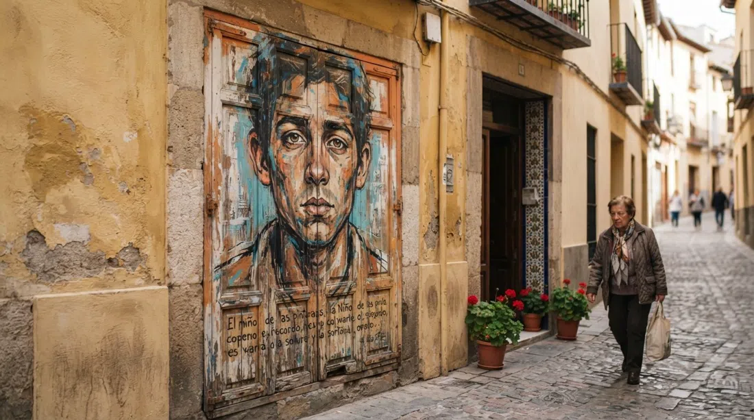 a painted shutter off Calle Molinos in Realejo, an El Niño de las Pinturas portrait with a line of poetry in daylight