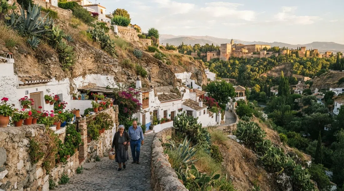 whitewashed cave homes on the Sacromonte hillside above the Darro, prickly pear and rough stone banks in late afternoon light