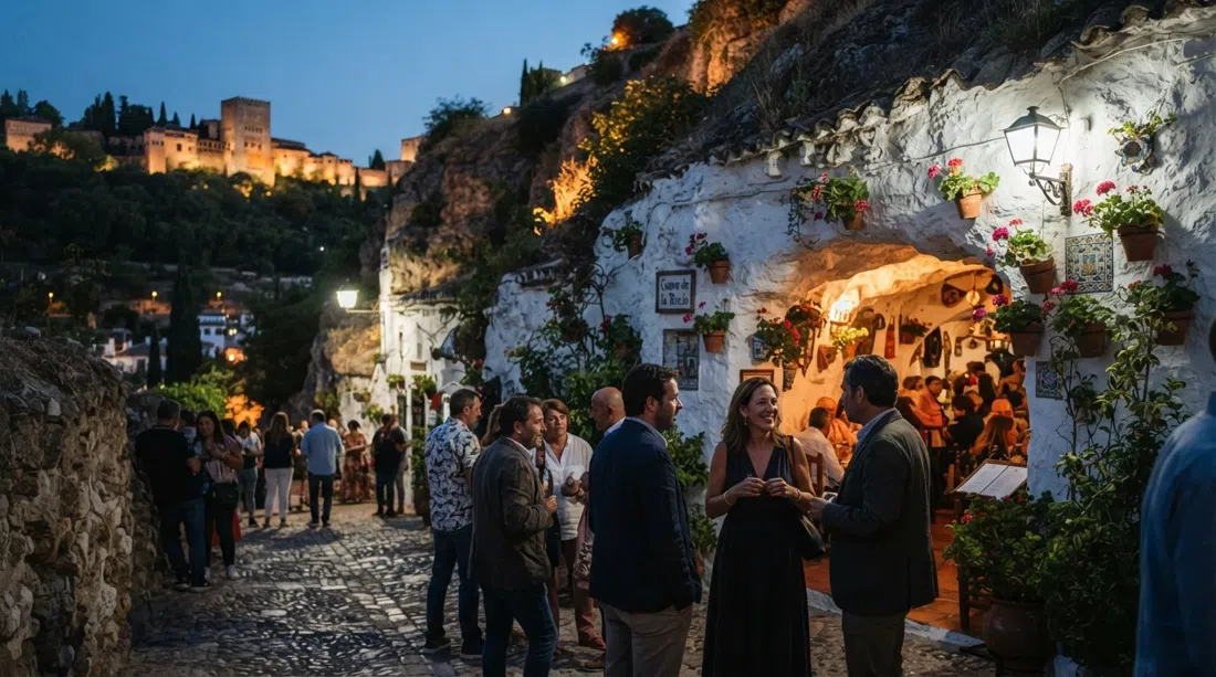 the entrance to Cueva de la Rocío at dusk, cave openings glowing warm while people gather on the Camino del Sacromonte for the show