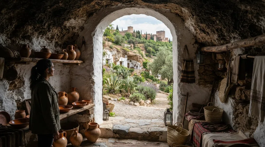 restored cave dwellings at Museo Cuevas del Sacromonte, with pottery, woven tools and the hillside botanical garden visible through the doorway