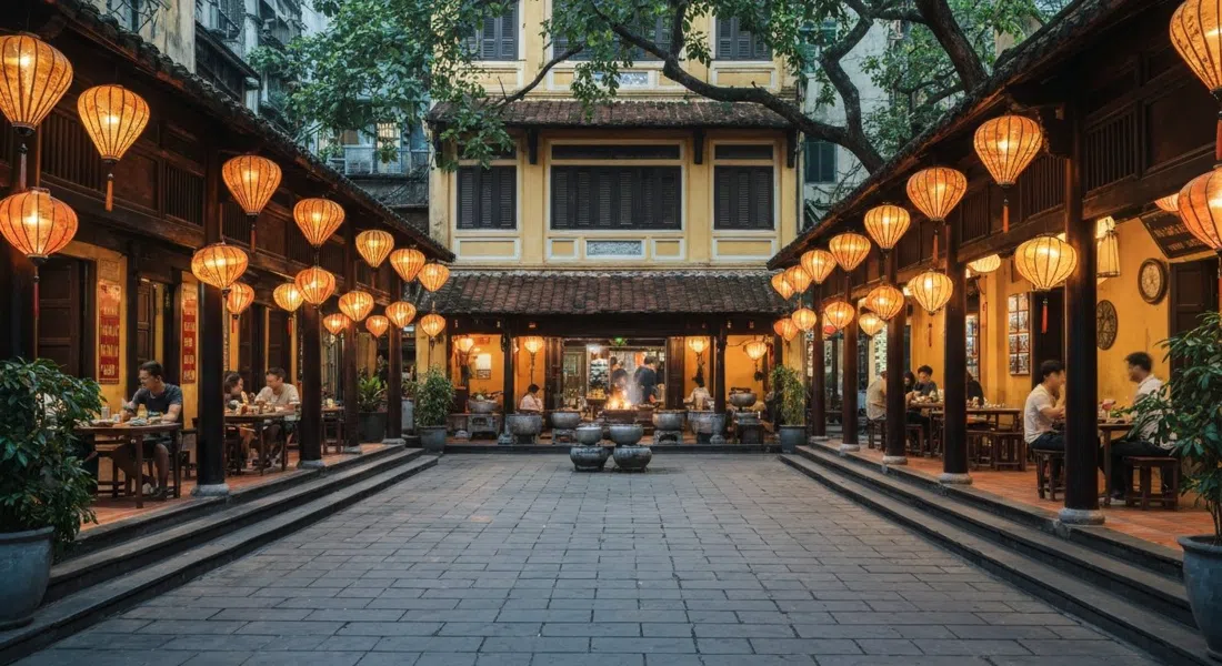 the lantern-lit courtyard at Quan An Ngon on Phan Dinh Phung, with open cooking pavilions and diners under warm evening light