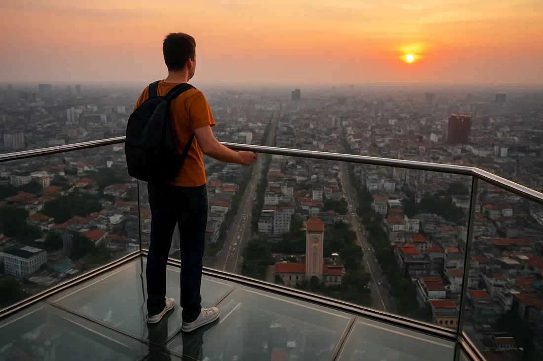 sunset from the Sky Lotte Observation Deck, with the glass skywalk looking straight down over Ba Dinh and the city grid fading into evening