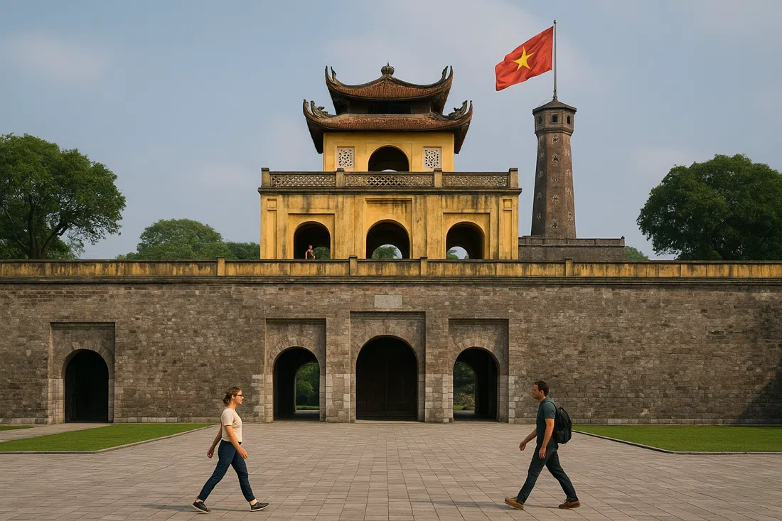 the Doan Mon gate and flag tower at the Imperial Citadel of Thang Long, with pale stone walls and a broad historic courtyard in daytime light