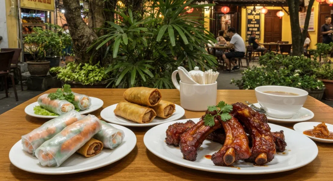 crab spring rolls and lacquered pork ribs at Chao Ban in a leafy villa garden at 98 To Ngoc Van, evening table setting