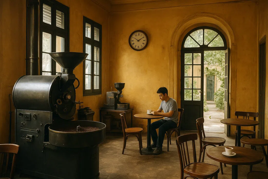 LeMarz Coffee Roastery inside an antique-yellow French villa at 24 To Ngoc Van, with roasting equipment and café seating in soft morning light