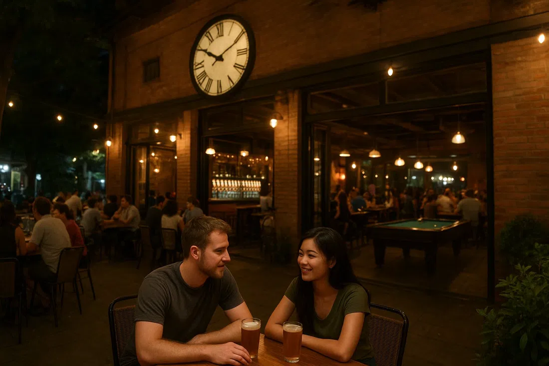 Turtle Lake Brewing Company at 105 Quang Khanh, a busy 250-seat taproom with glowing beer taps, pool tables and terrace seating at night