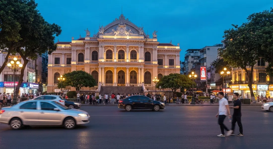 Hanoi Opera House on Trang Tien at dusk, its Beaux-Arts facade floodlit against a blue evening sky, with the square and traffic in the foreground