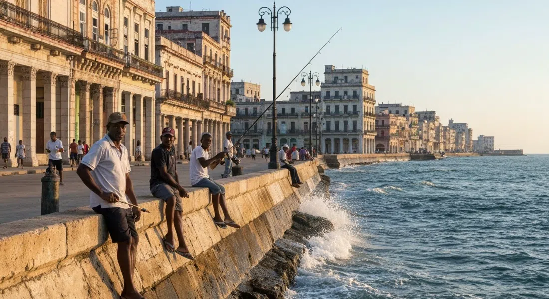 fishermen casting from the Centro Habana stretch of the Malecón at late afternoon, seawall, Atlantic spray and worn apartment facades glowing in low sun