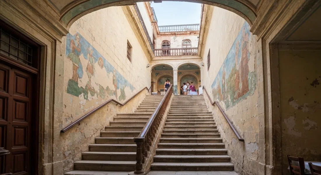the staircase inside La Guarida on Concordia 418, peeling frescoes and worn steps leading upward toward the rooftop restaurant