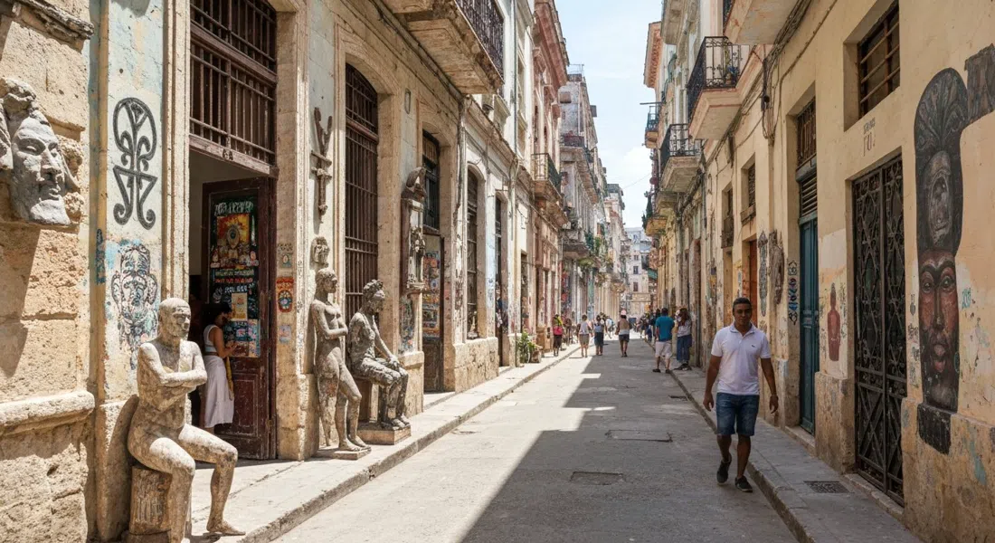 the mural-covered Callejón de Hamel in bright midday light, Afro-Cuban symbols, salvaged sculpture and painted walls packed tightly into the narrow alley