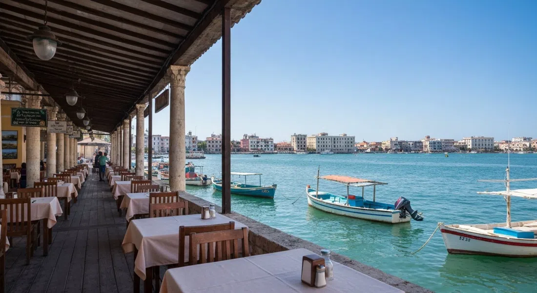 the harbour terrace at La Terraza de Cojímar on Calle Real, tables facing the water with fishing boats and Raúl Corrales photographs inside