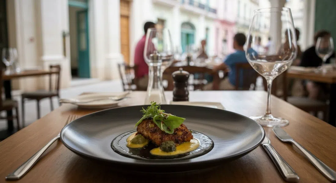 a plated dish at Otramanera, modern Havana fine dining on a dark plate in a cool contemporary dining room