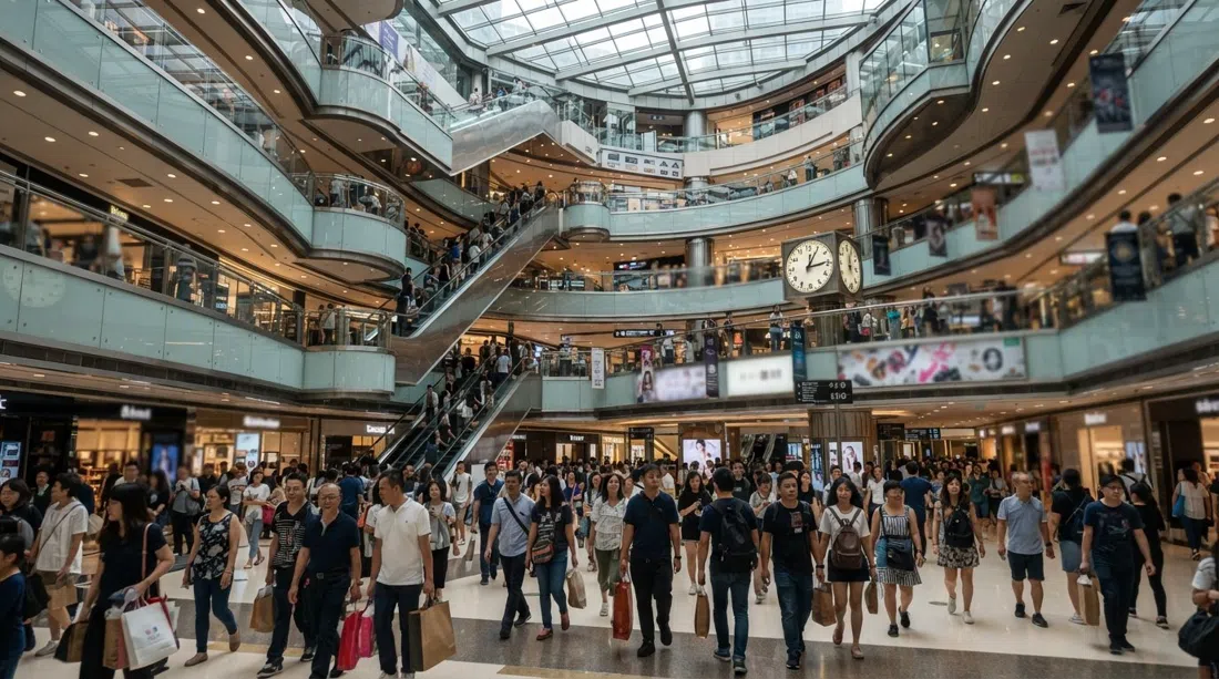 Times Square's atrium in Causeway Bay, Hong Kong, with stacked shop floors and a crowded ground-level entrance at midday