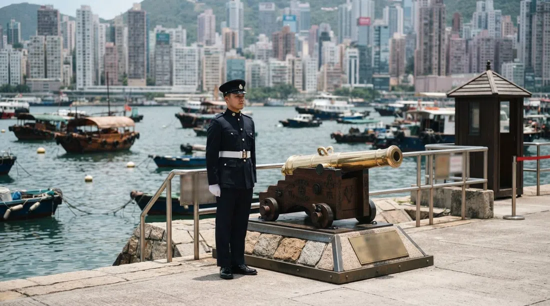 the Noonday Gun beside the Causeway Bay Typhoon Shelter, with a guard in uniform and the waterfront in bright midday light