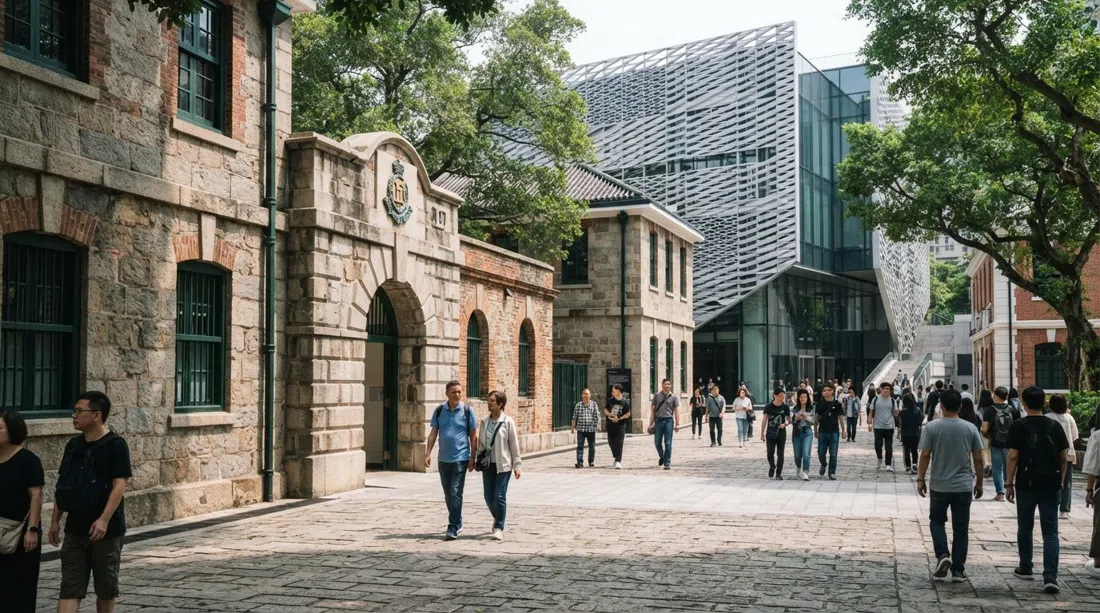 Tai Kwun’s old prison courtyards and heritage stone walls beside contemporary gallery blocks, bright daylight and people moving through the compound
