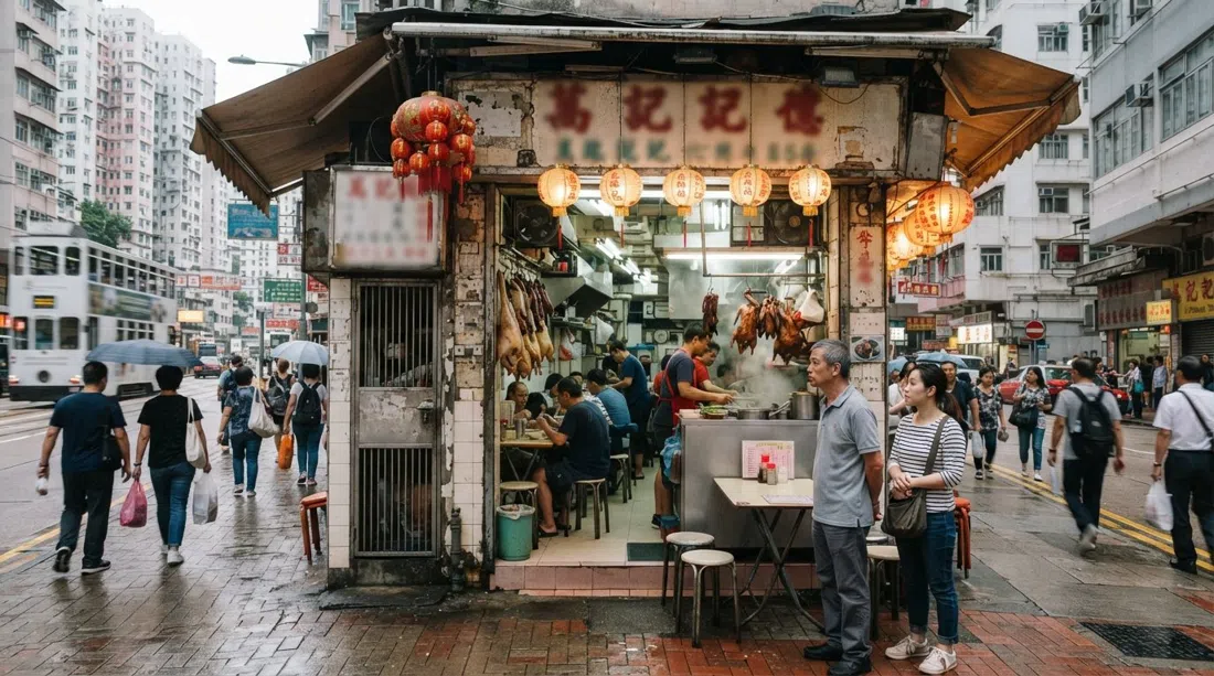Tak Kee on Belcher’s Street, a humble Chiu Chow restaurant frontage with diners waiting for braised goose and oyster pancakes