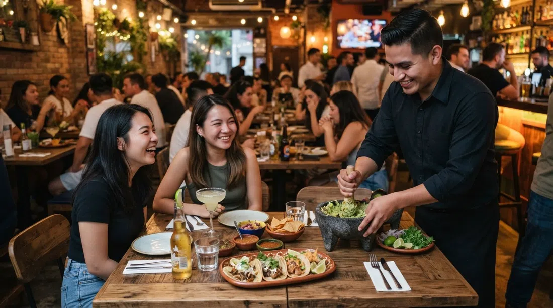 a table at 11 Westside on Davis Street with tacos and tableside guacamole being assembled, warm restaurant lighting and a lively room