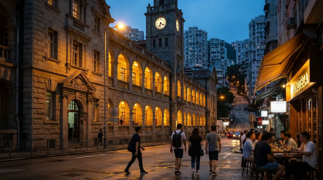 the granite façade and arched verandah of the Sai Ying Pun Community Complex on High Street at dusk, lit by warm streetlight amid nearby wine bars