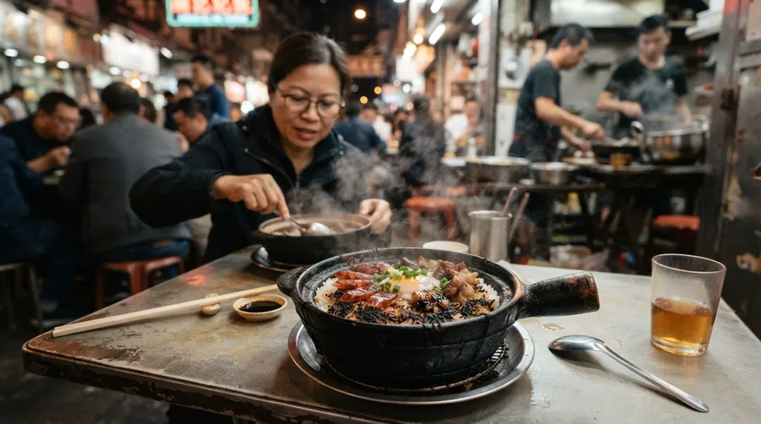 a steaming claypot rice at Kwan Kee Claypot Rice, charred rice crust visible in the black claypot under warm night lighting