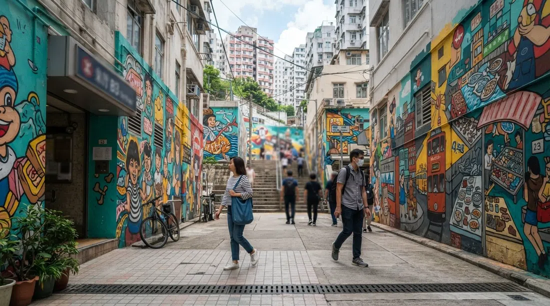 the colourful mural walls of Art Lane near Chung Ching Street and Ki Ling Lane, shot from street level by MTR Exit B3