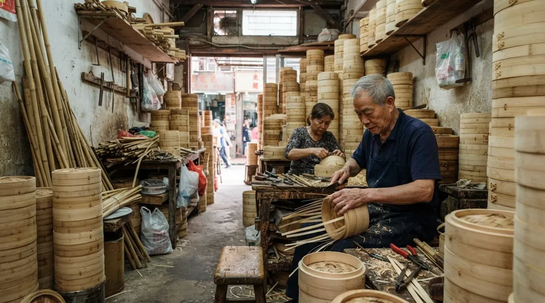 a fifth-generation bamboo steamer workshop at Tuck Chong Sum Kee Bamboo Steamer Company on Western Street, stacked handmade steamers and bamboo tools in soft daylight