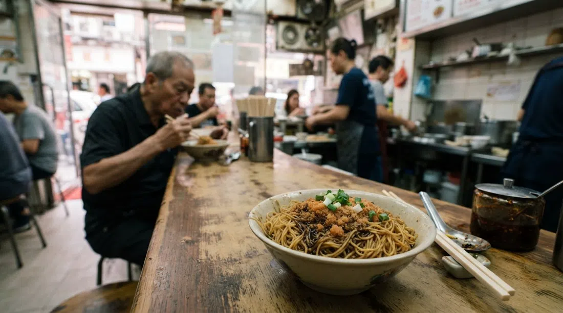 A bowl of shrimp-roe lo mein at Lau Sum Kee, springy noodles glistening with savoury sauce and shrimp roe on a simple counter table