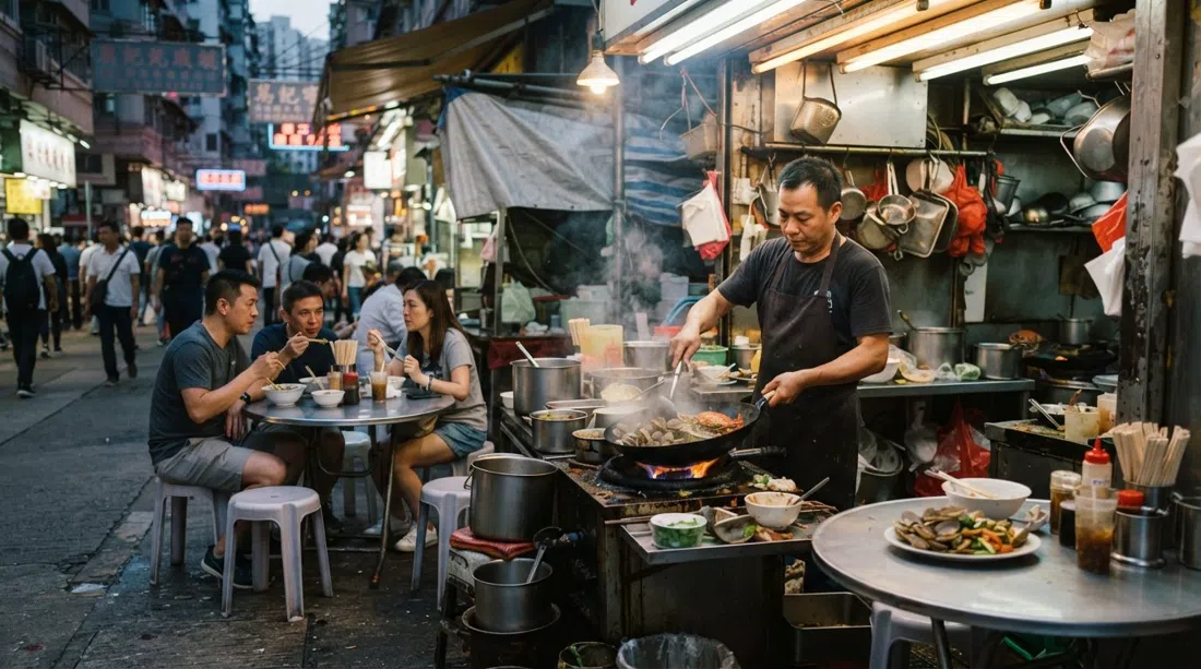 The exterior and pavement edge of Oi Man Sang at dusk, dai pai dong tables under fluorescent light with crab and clams cooking over roaring flame