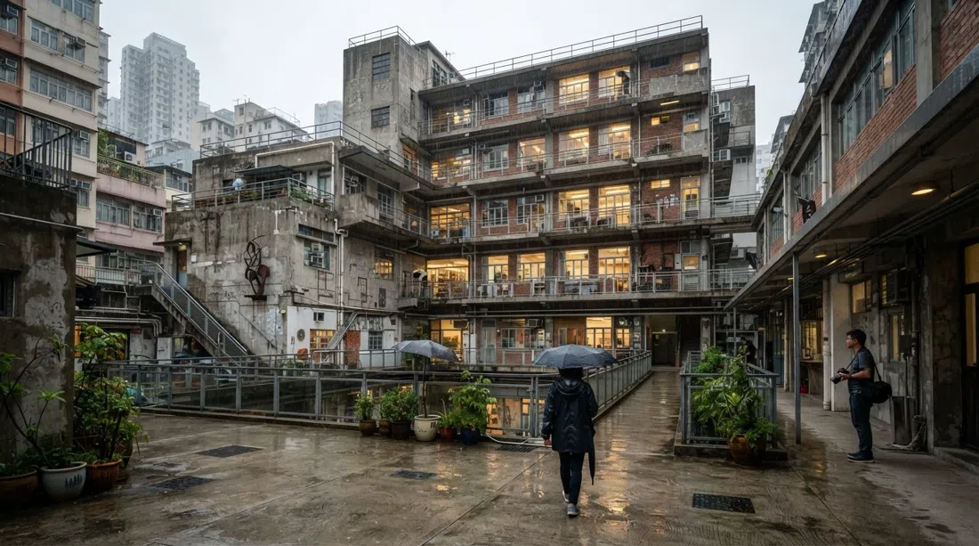 The Jockey Club Creative Arts Centre in Sham Shui Po, converted factory building with artist-studio windows and a quiet courtyard feel on a rainy afternoon