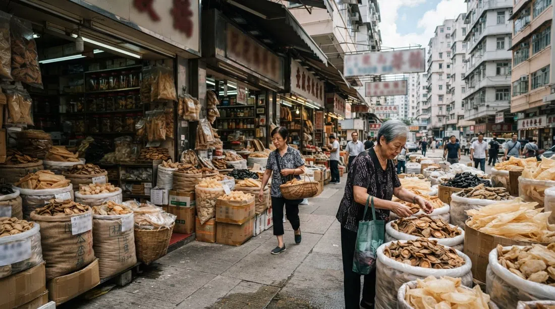 dried seafood shopfronts on Des Voeux Road West in Sheung Wan, sacks of abalone and fish maw stacked to the pavement in bright daylight