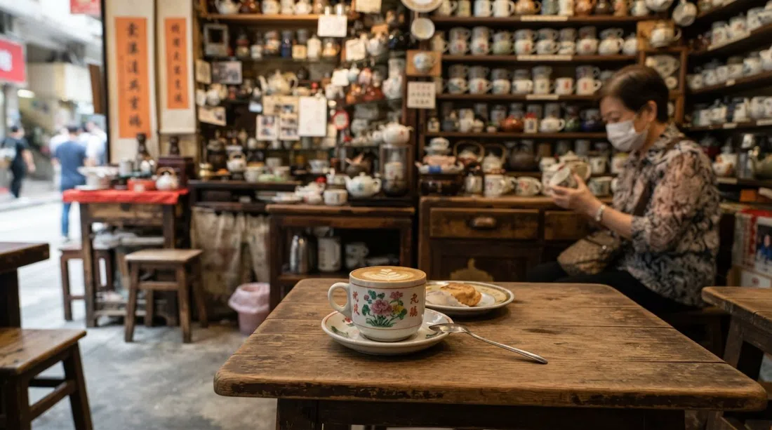 specialty coffee in a vintage Hong Kong porcelain cup at Halfway Coffee on Upper Lascar Row, with the tiny cup museum visible beside it