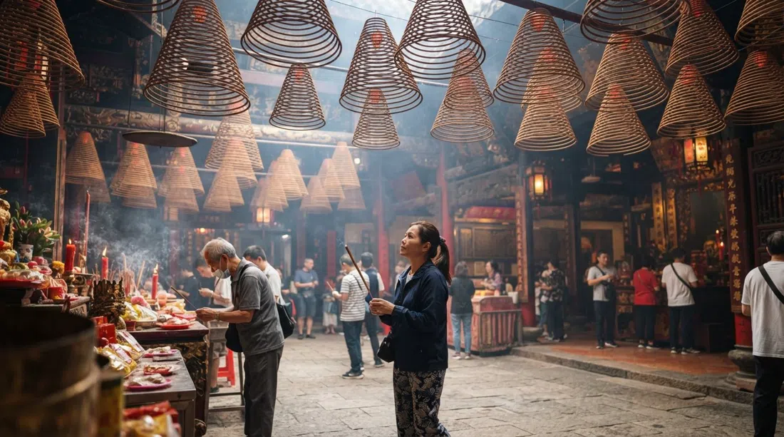 Man Mo Temple on Hollywood Road, giant spiral incense coils hanging from the ceiling in smoke-softened afternoon light