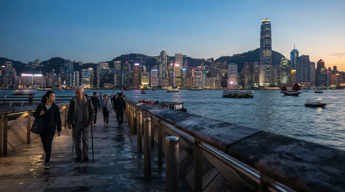 the Tsim Sha Tsui Promenade at dusk, harbour railings in the foreground and the Hong Kong Island skyline glowing across Victoria Harbour