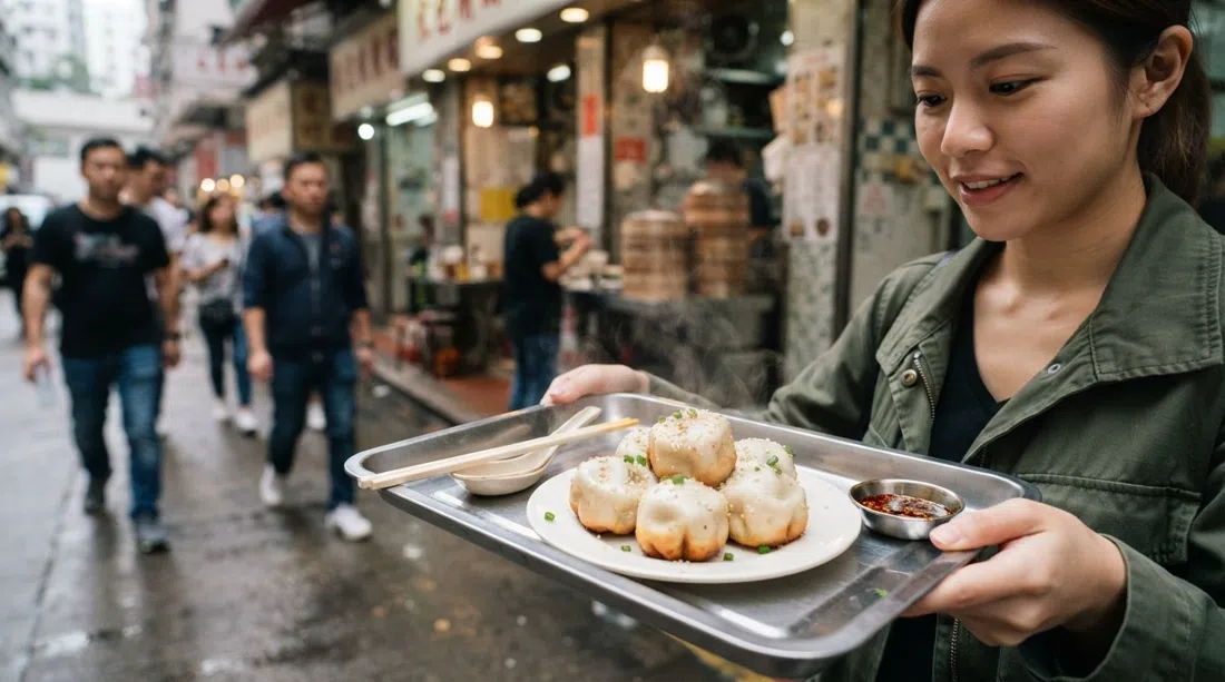 Cheung Hing Kee's sheng jian bao on a tray at Lock Road, golden crisp bottoms and steam rising from the soup-filled buns