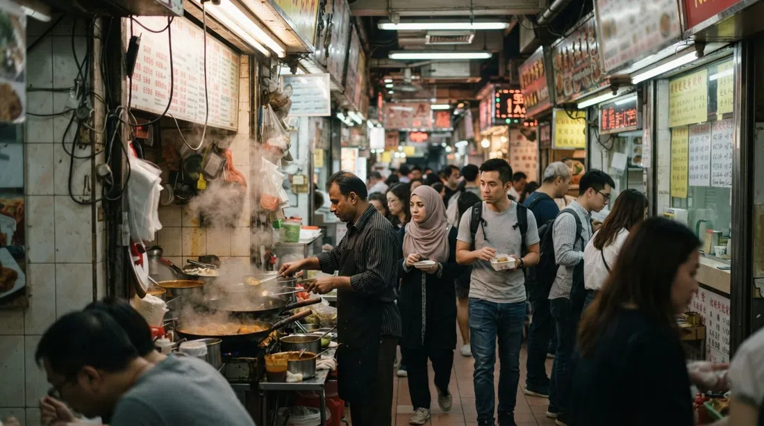 the narrow interior of Chungking Mansions food stalls, fluorescent light, curry steam, currency counters and handwritten menus along Nathan Road