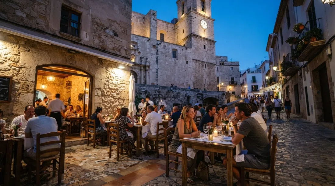 La Oliva on Carrer de la Santa Creu, its tiled-floor dining room and terrace under the cathedral set for dinner at dusk