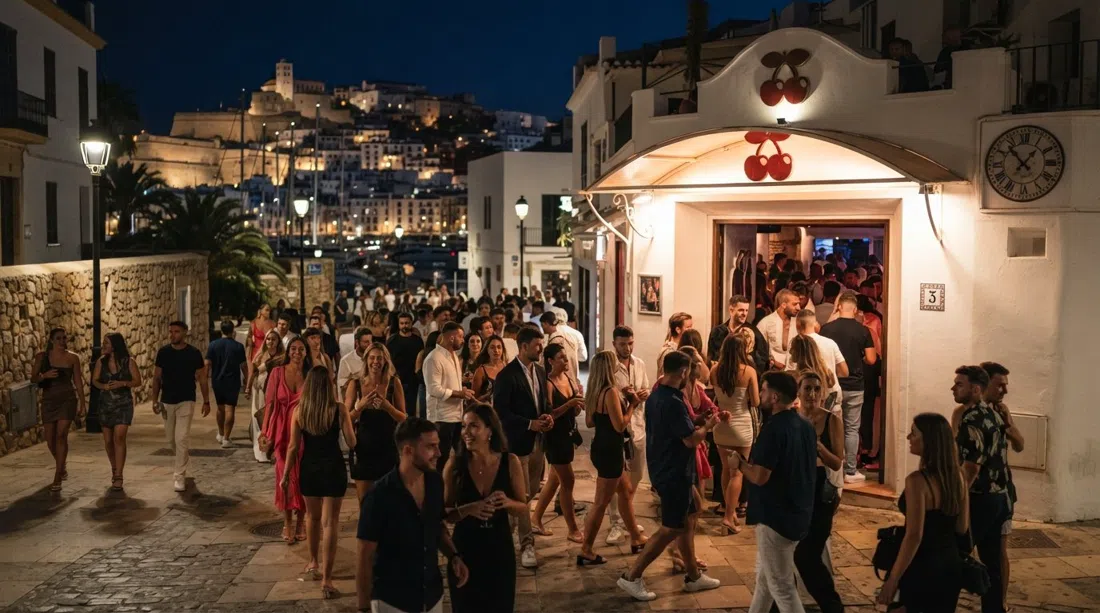 Pacha Ibiza near the port at night, the entrance glowing under streetlights with nightlife crowds arriving for a late set